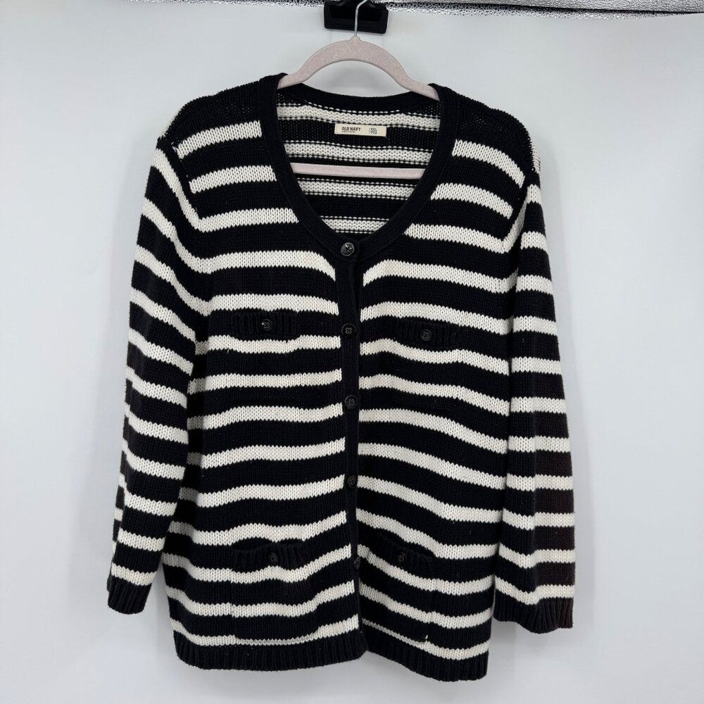 Old Navy Cardigan patch pockets nautical navy white stripe woman’s size XXL